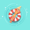 Smile girl swims, tanning on air mattress, life buoy in swimming pool. Woman floating on beach toy, rubber ring. Inflatable circle Royalty Free Stock Photo