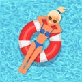 Smile girl swims, tanning on air mattress, life buoy in swimming pool. Woman floating on beach toy, rubber ring. Inflatable circle Royalty Free Stock Photo