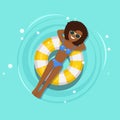 Smile girl swims, tanning on air mattress, life buoy in swimming pool. Woman floating on beach toy, rubber ring. Inflatable circle Royalty Free Stock Photo