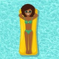 Smile girl swims, tanning on air mattress in swimming pool. Woman floating on toy isolated on water background. Inflatable circle Royalty Free Stock Photo