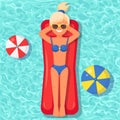 Smile girl swims, tanning on air mattress in swimming pool. Woman floating on toy isolated on water background. Inflatable circle Royalty Free Stock Photo