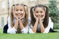 Smile and go back to school. Happy children smile on green grass. Dental hygiene. Tooth health. Pediatric dentistry Royalty Free Stock Photo