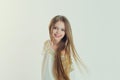 Smile, gorgeous. Portrait closeup of funny, excited joyful girl female child laughing kid smiling girl long hair looking at you Royalty Free Stock Photo