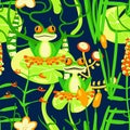 Smile green frog. Seamless pattern of swamp flowers, water lily and leaves. Floral composition. Royalty Free Stock Photo