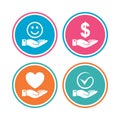 Smile and hand icon. Heart, Tick symbol. Royalty Free Stock Photo