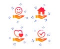 Smile and hand icon. Heart, Tick symbol. Vector Royalty Free Stock Photo