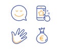 Smile, Hand and Star rating icons set. Money bag sign. Chat emotion, Swipe, Phone feedback. Euro currency. Vector