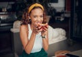 Smile, happy and coffee shop young woman enjoying a cup of tea in a restaurant or cafe on her lunch break. Portrait of Royalty Free Stock Photo