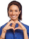 Smile, heart hands or portrait of black woman with love for care, health or valentines day in studio. Happy, white