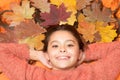 With smile on her lips. Happy smile of beauty model. Small child with cute smile. Little girl in autumn mood. Kid