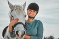 Smile, horse and relax with portrait of woman in countryside for adventure, race and embrace. Happy, care and equestrian Royalty Free Stock Photo