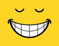 Smile icon on yellow background. Tasty food logo with funny face and tongue. Cartoon emoticon banner for print. Happy smiley line