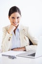 Smile, laptop and portrait of business woman in office with confidence working on a legal case. Happy, professional and Royalty Free Stock Photo