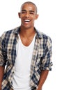 Smile, laughing and black man portrait in studio with confidence, joke and comic from Atlanta. Funny guy, young fashion Royalty Free Stock Photo