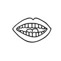 Smile. Lips, teeth and tongue. Smiling hand-drawn doodle isolate. Black and white vector illustration