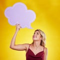 Smile, looking and woman with speech bubble in studio isolated on a yellow background. Poster, word cloud and happy