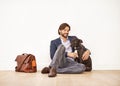 Smile, love and happy businessman with pet for bonding together with positive and good attitude. Mockup, briefcase and Royalty Free Stock Photo