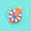 Smile man swims, tanning on air mattress, life buoy in swimming pool. Boy floating on beach toy, rubber ring. Inflatable circle on Royalty Free Stock Photo