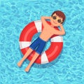 Smile man swims, tanning on air mattress, life buoy in swimming pool. Boy floating on beach toy, rubber ring. Inflatable circle on Royalty Free Stock Photo