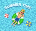 Smile man swims, tanning on air mattress, life buoy in swimming pool. Boy floating on beach toy, rubber ring. Inflatable circle on Royalty Free Stock Photo