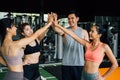 Smile man and women making hands together in fitness gym. Group of young people doing high five gesture in gym after Royalty Free Stock Photo