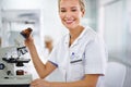 Smile, microscope or portrait of scientist or woman in laboratory for research, medical analysis or test. Proud Royalty Free Stock Photo