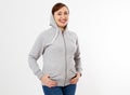 Smile middle aged woman in gray pullover hoodie mockup
