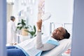 Smile, mirror and black woman at dentist on chair in clinic, tooth treatment and cleaning. Reflection, dental Royalty Free Stock Photo