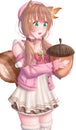 Smile Nekomimi Anime Girl Holding A Big Nut With Brown Twintail Hair, Green Eyes And Tail
