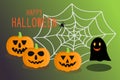 Smile orange pumpkins and black ghost with HAPPY HALLOWEEN text and black spider on spider web over dark green background. Royalty Free Stock Photo