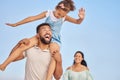 Smile, parents or kid walking on beach to relax on happy family holiday or fun summer vacation together. Lovely dad Royalty Free Stock Photo