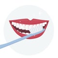 The smile of a person with his mouth wide open and white healthy teeth with a toothbrush. How to brush your teeth properly. Daily