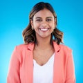 Smile, portrait and business woman in studio isolated on a blue background with pride for career, profession or job