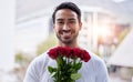 Smile, portrait and happy man with bouquet of roses for date, romance and hope for valentines day. Love confession