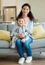 Smile, portrait and mother with baby in living room home, bonding or having fun in house. Mom, newborn and face of happy Royalty Free Stock Photo