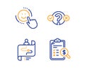 Smile, Quiz test and Journey path icons set. Accounting report sign. Vector
