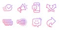 Smile, Ram and Megaphone icons set. Intersection arrows, 24h service and Checkbox signs. Vector
