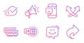 Smile, Ram and Megaphone icons set. Intersection arrows, 24h service and Checkbox signs. Vector