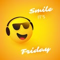 Smile! It`s Friday - Weekend`s Coming Banner With Smiling, Relaxing Emoji Wearing Sunglasses and Headphones Royalty Free Stock Photo