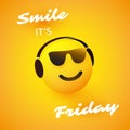 Smile! It`s Friday - Weekend`s Coming Banner With Smiling, Relaxing Emoji Wearing Sunglasses and Headphones Royalty Free Stock Photo