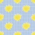 Smile seamless pattern with sun faces silhouettes. Kids cute yellow bright ornament on blue chequered background