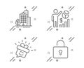 Smile, Seo statistics and Buildings icons set. Lock sign. Gift box, Analytics chart, City architecture. Vector