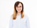 Smile modern woman with glasses in shirt isolated on white background, copy space Royalty Free Stock Photo