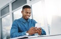 Smile, smartphone and black man by computer in office, workspace and desk happy in creative career. Communication Royalty Free Stock Photo