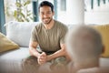 Smile, soldier and man with psychologist for therapy, consultation and military communication. Happy, army veteran and