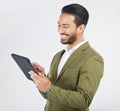 Smile, tablet and happy businessman search internet on technology isolated in a studio white background. Online Royalty Free Stock Photo