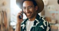 Smile, talking and man on phone call in retail for networking, orders and planning stock. Happy, thinking and an Asian Royalty Free Stock Photo