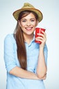 Smile with teeth. Beautiful happy woman posing with coffee cup.