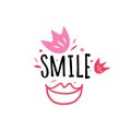 Smile quote and pink lips symbol. Decor elememts set, vector illustration Royalty Free Stock Photo