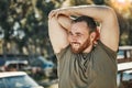 Smile, thinking and a man stretching for fitness, running or an outdoor workout in nature. Happy, idea and a young Royalty Free Stock Photo